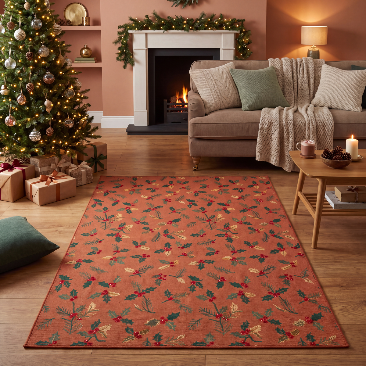 A dog resting on the rug in a living room.