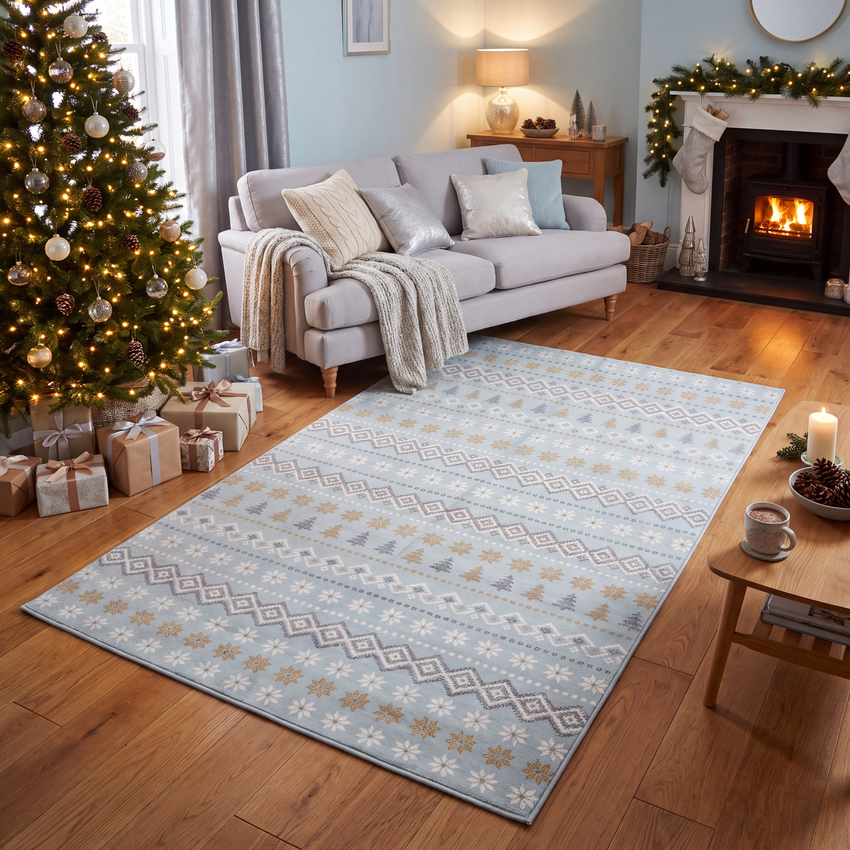 A dog resting on the rug in a living room.