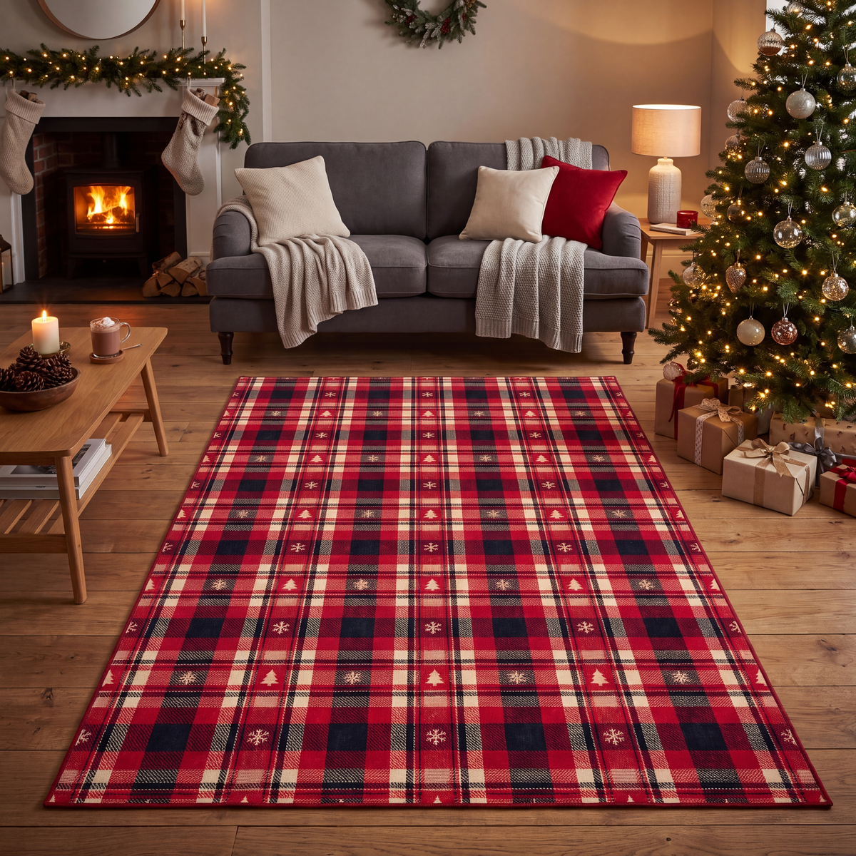 A dog resting on the rug in a living room.