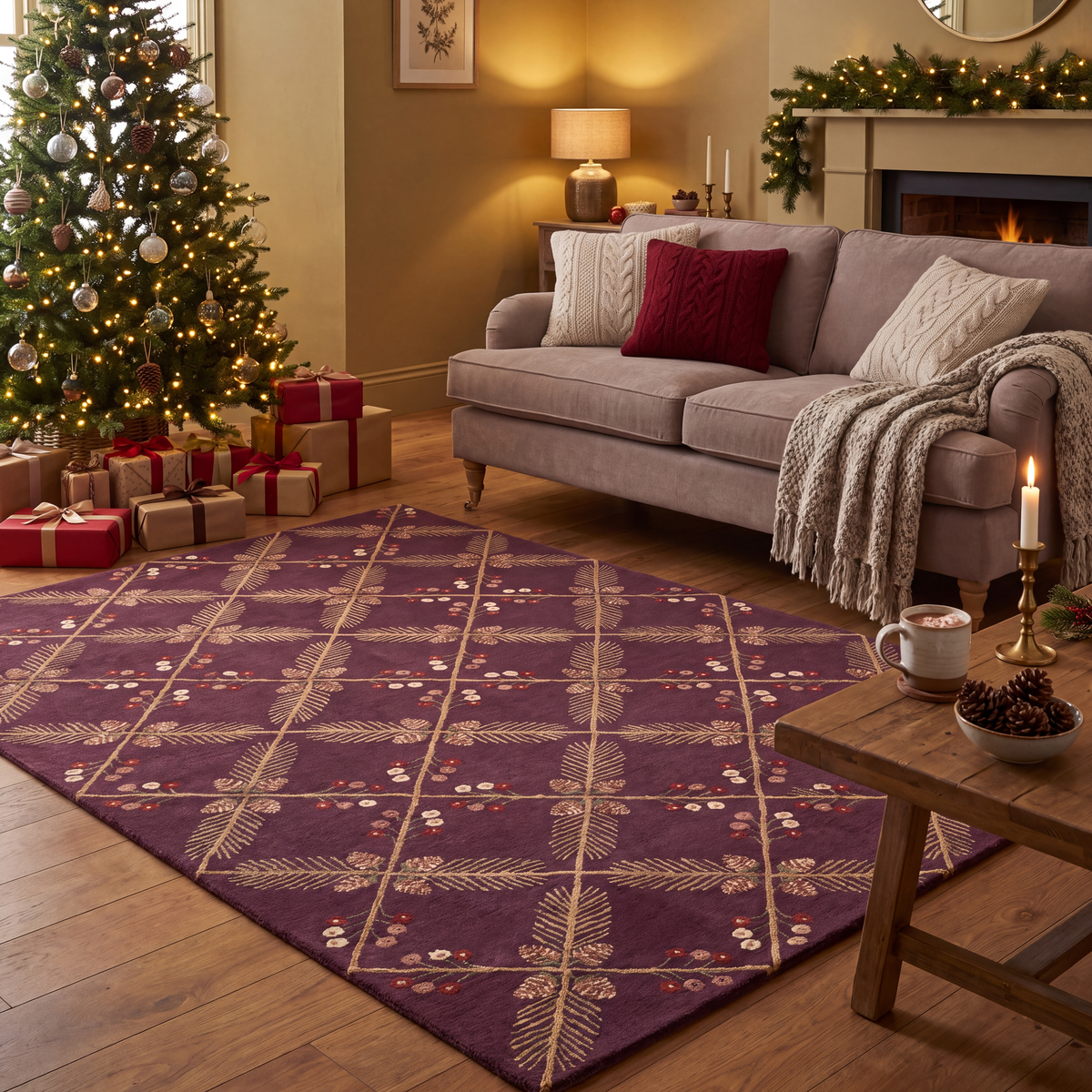 A dog resting on the rug in a living room.