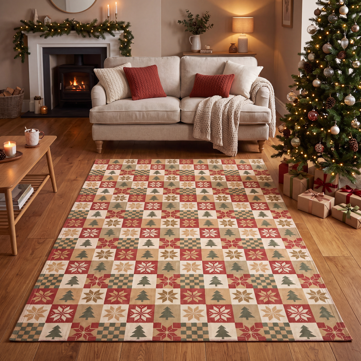 A dog resting on the rug in a living room.