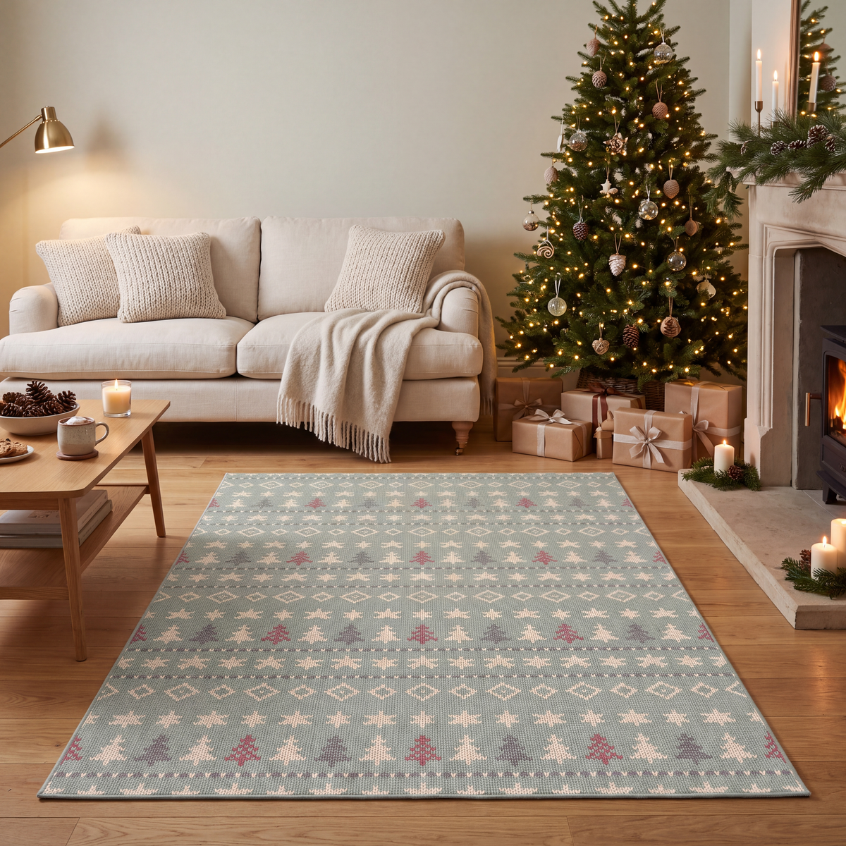 A dog resting on the rug in a living room.