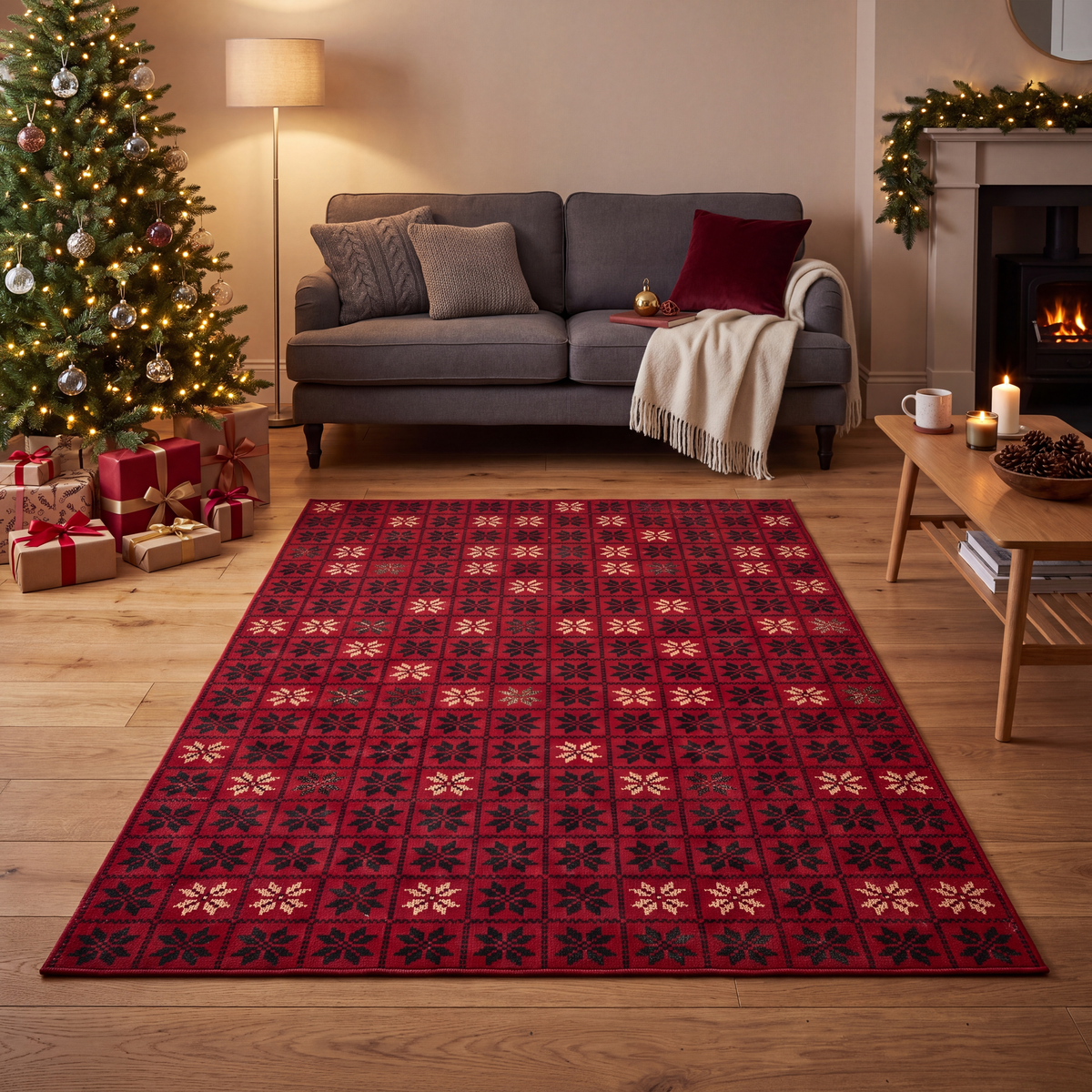 A dog resting on the rug in a living room.