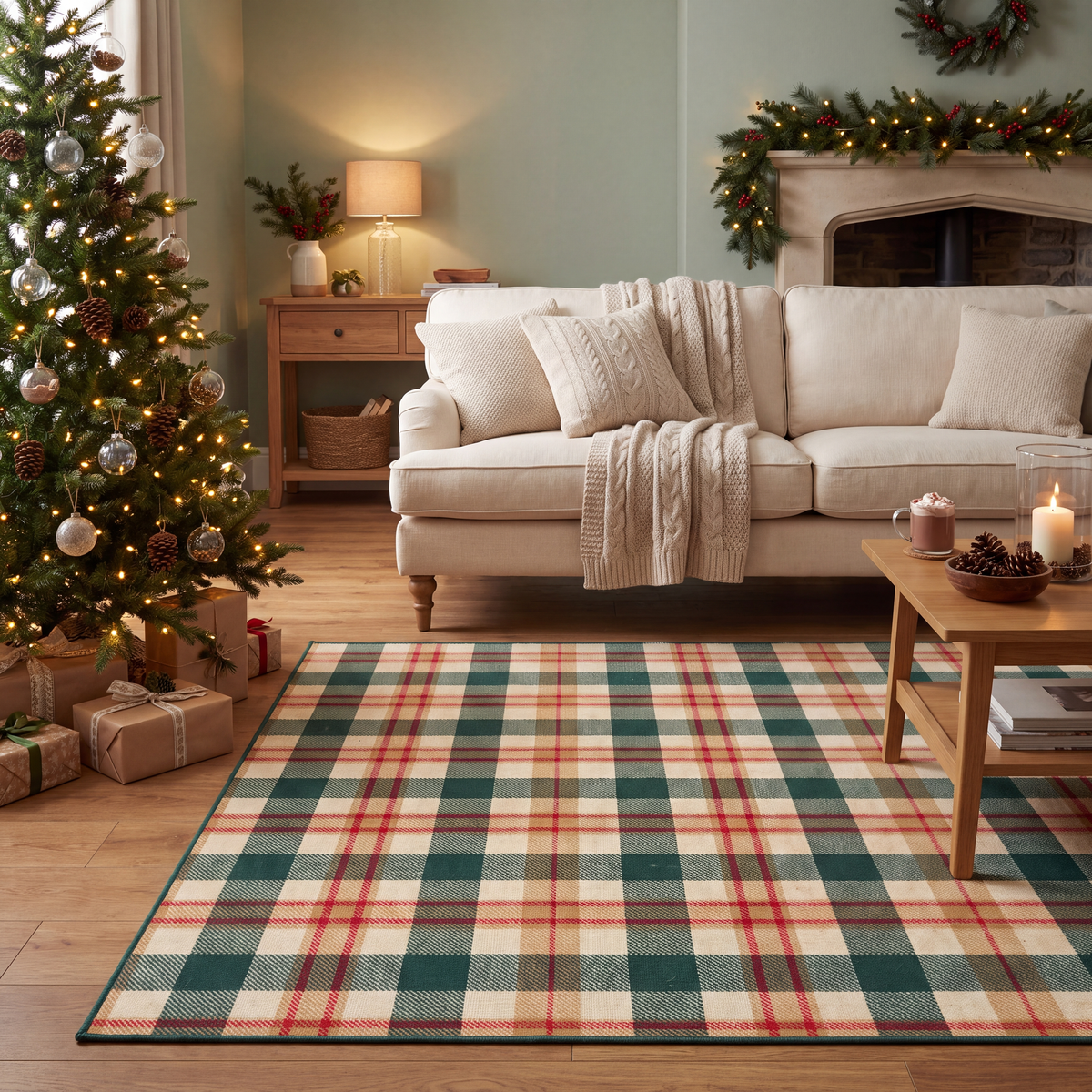 A dog resting on the rug in a living room.