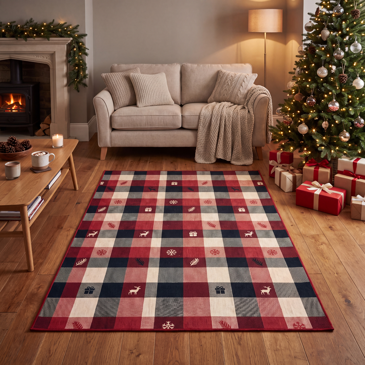 A dog resting on the rug in a living room.