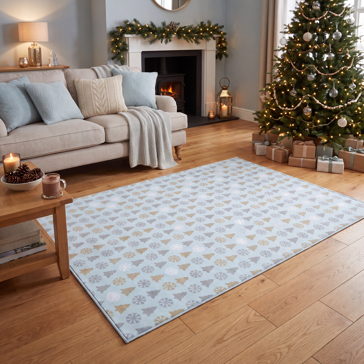 A dog resting on the rug in a living room.