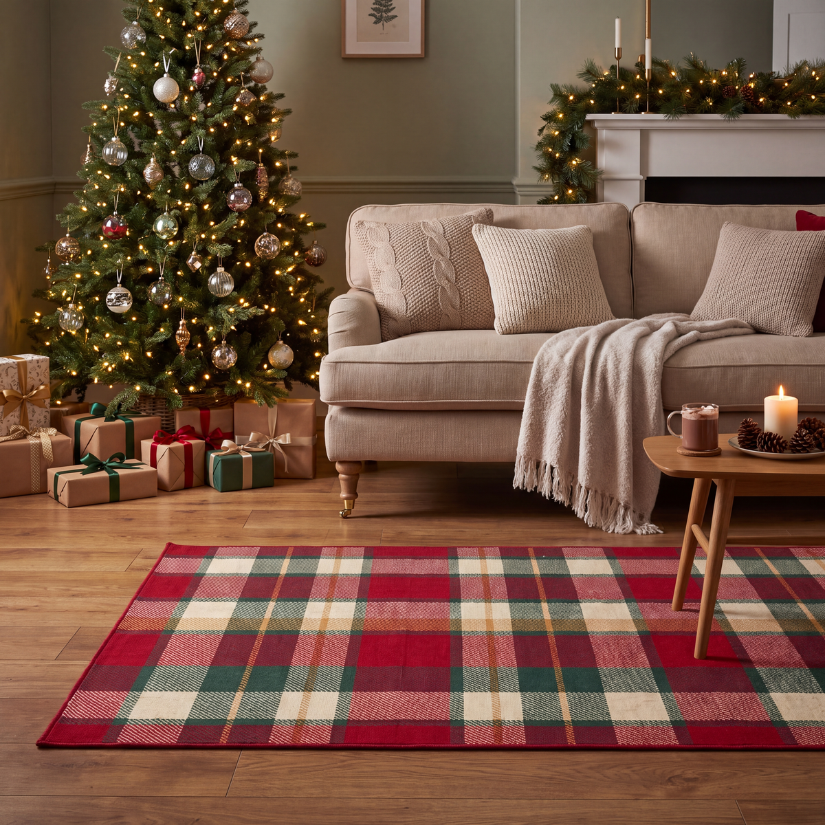 A dog resting on the rug in a living room.