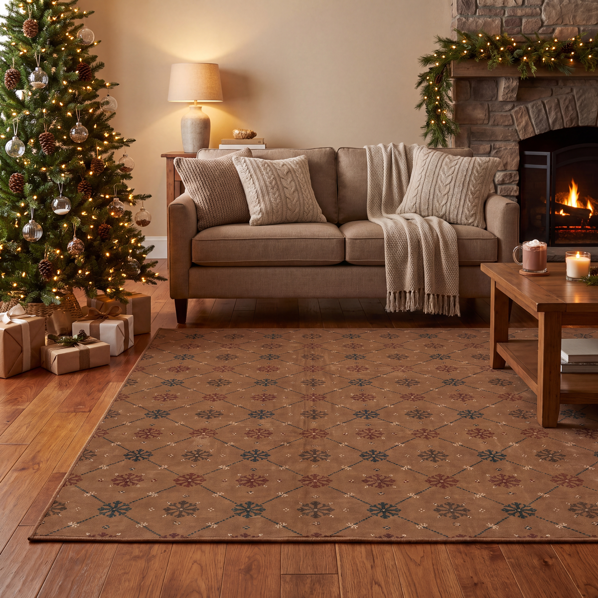 A dog resting on the rug in a living room.