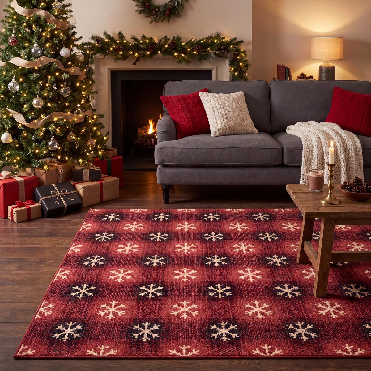 A dog resting on the rug in a living room.