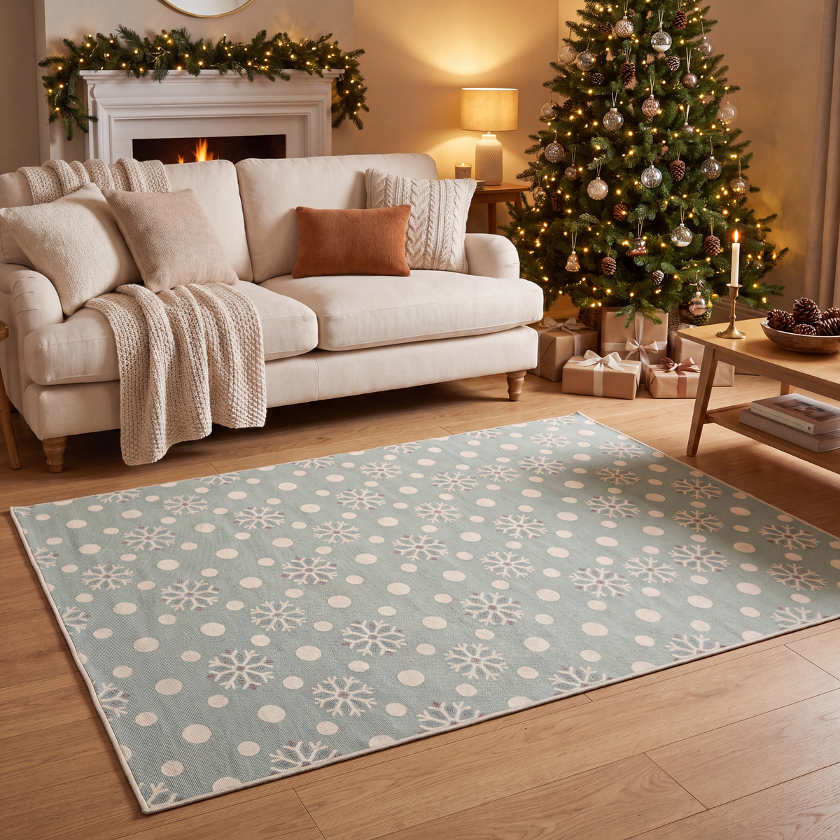 A dog resting on the rug in a living room.