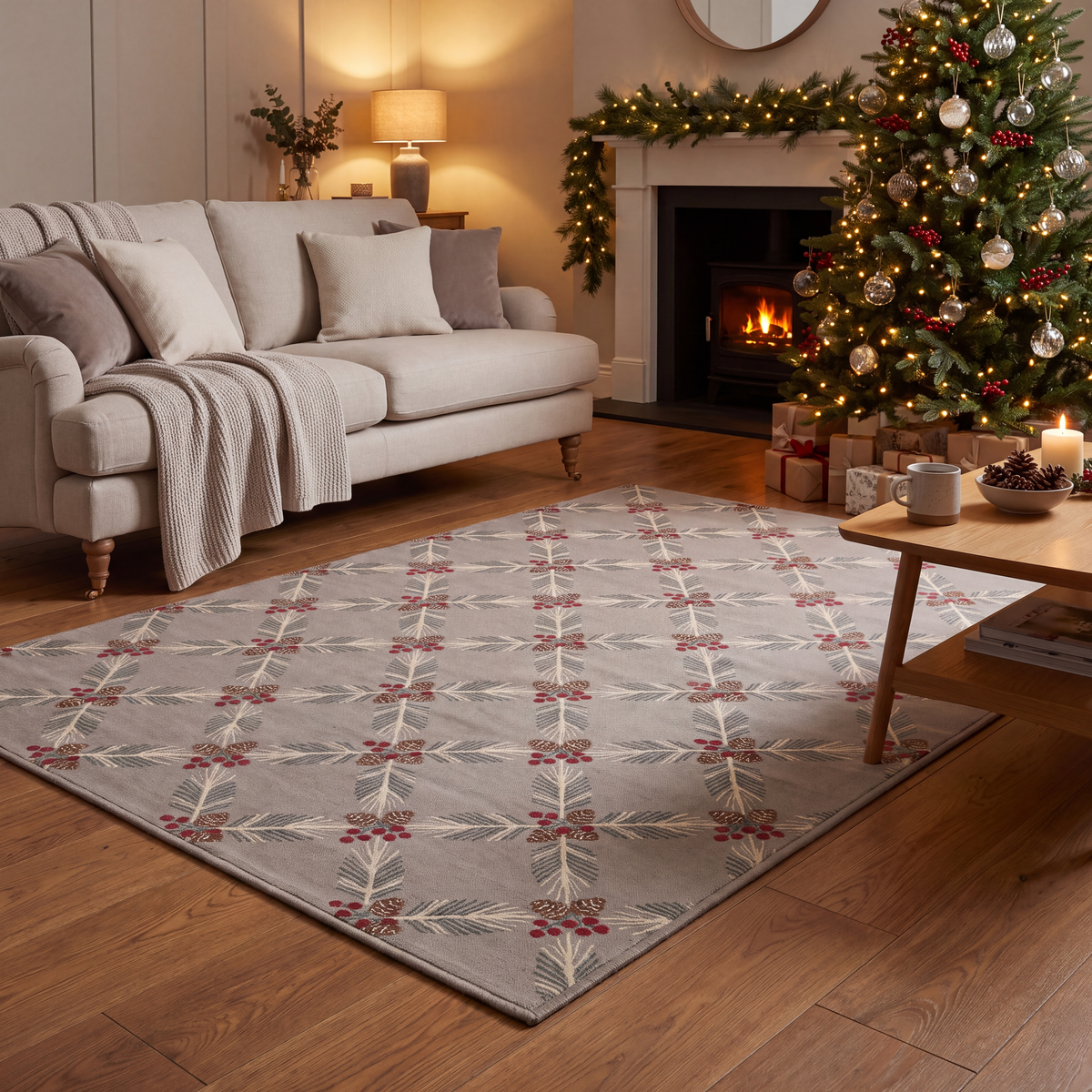 A dog resting on the rug in a living room.