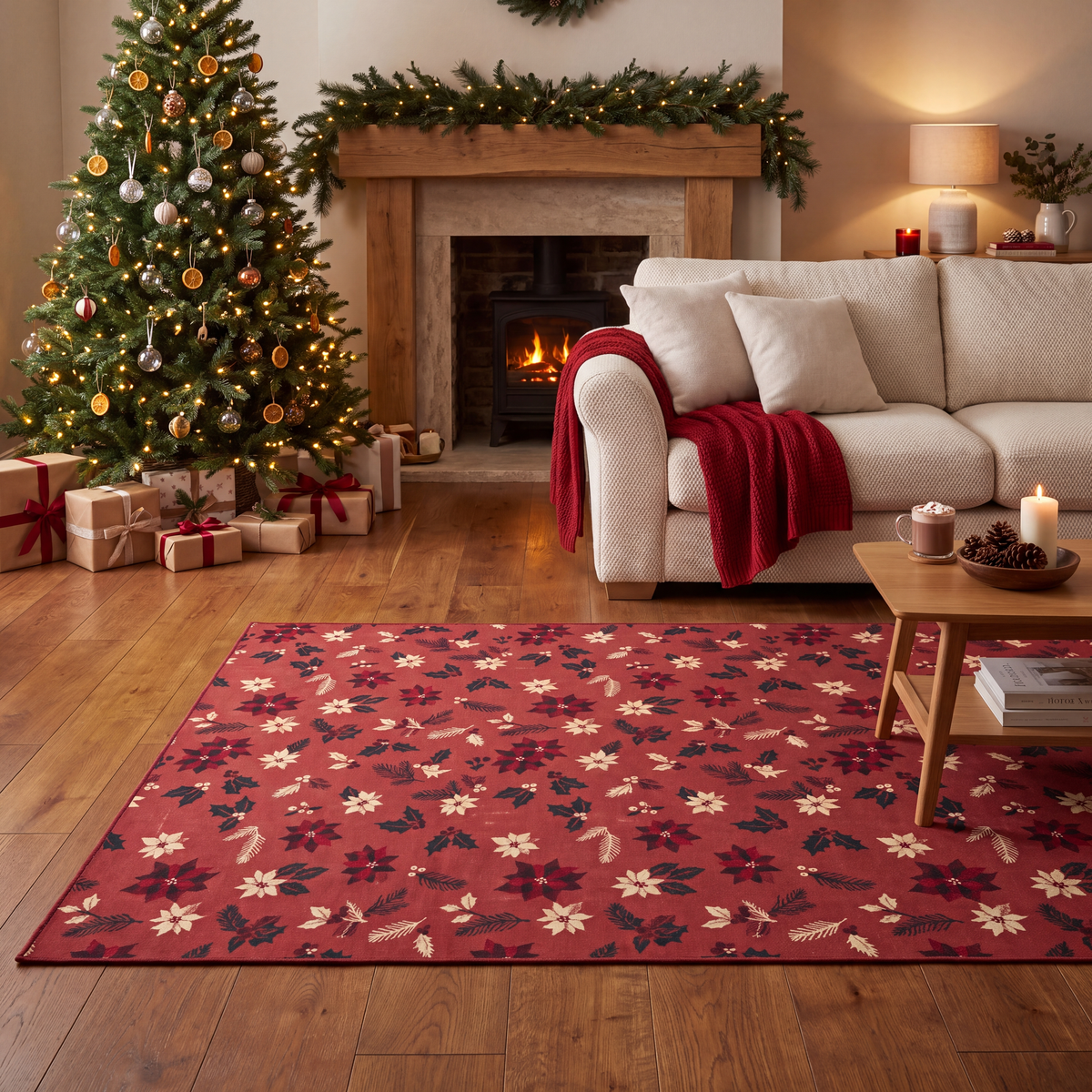 A dog resting on the rug in a living room.
