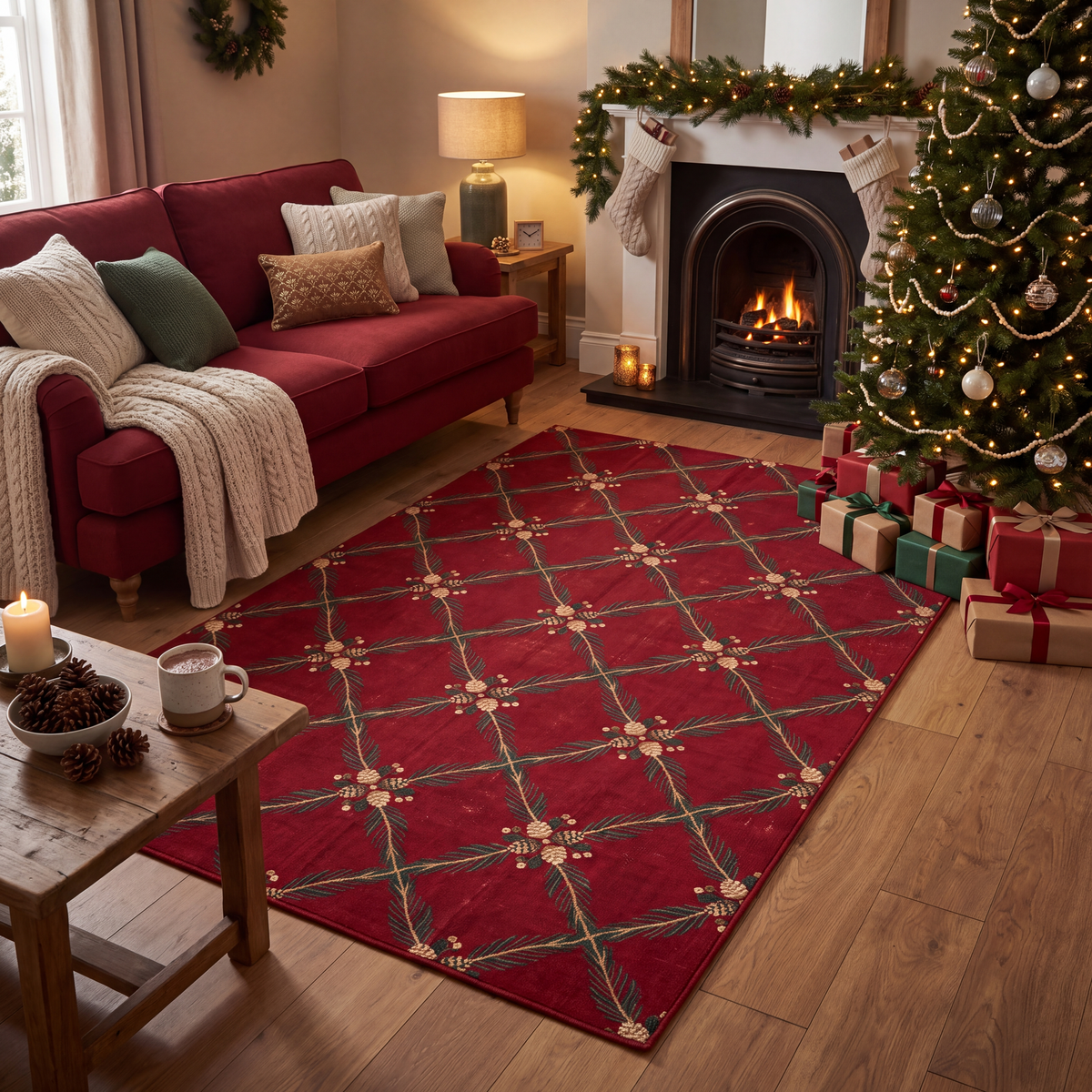 A dog resting on the rug in a living room.