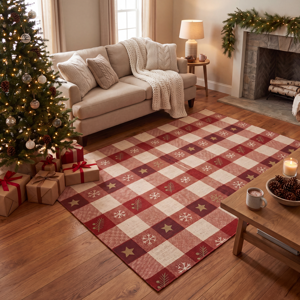 A dog resting on the rug in a living room.