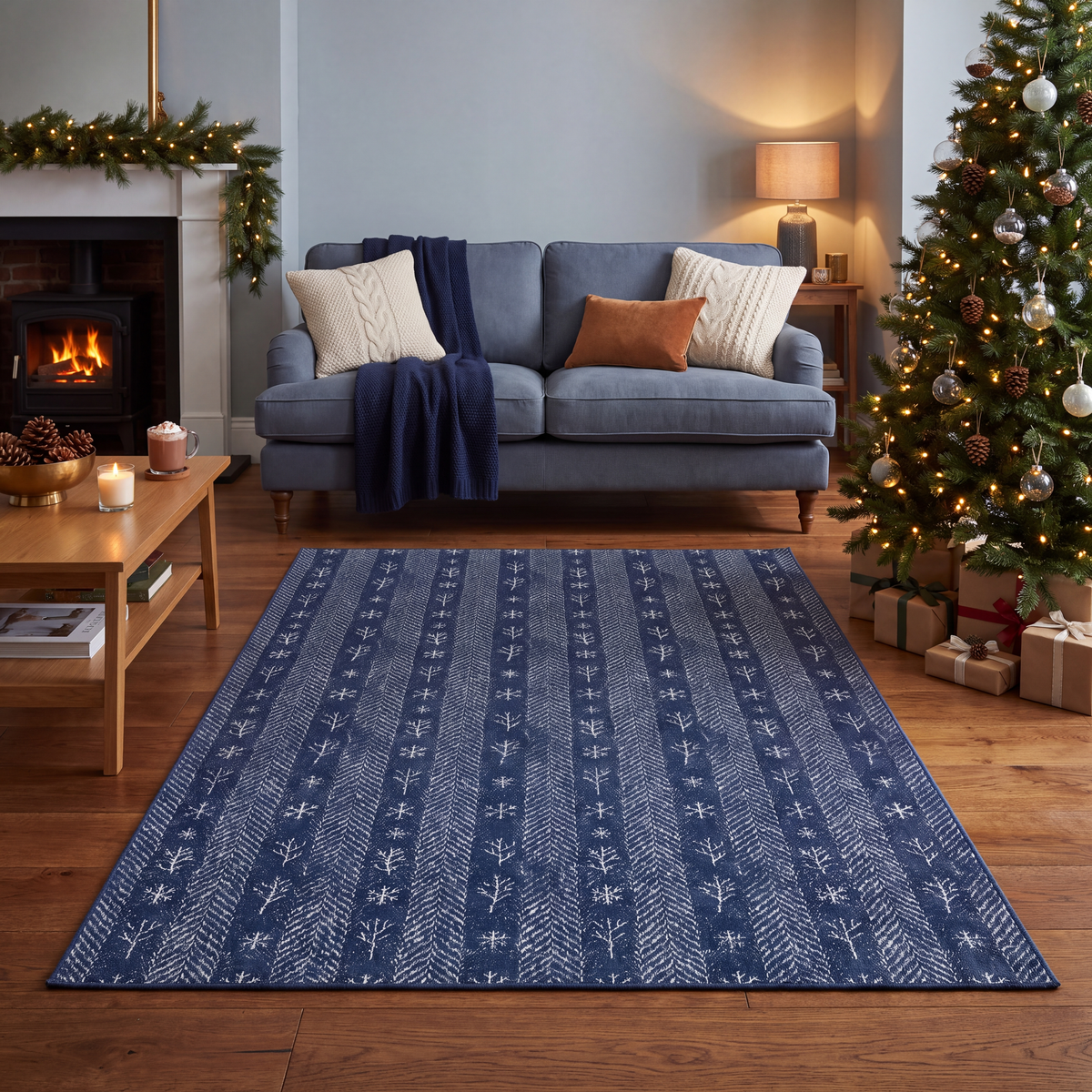A dog resting on the rug in a living room.