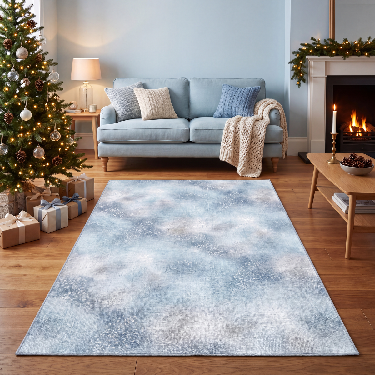 A dog resting on the rug in a living room.