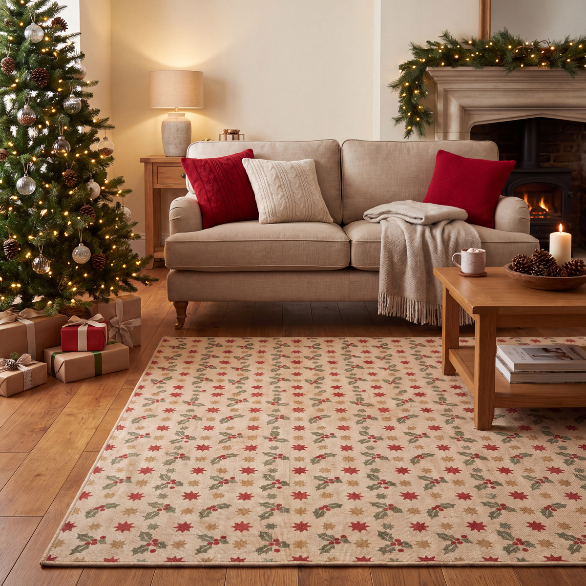 A dog resting on the rug in a living room.