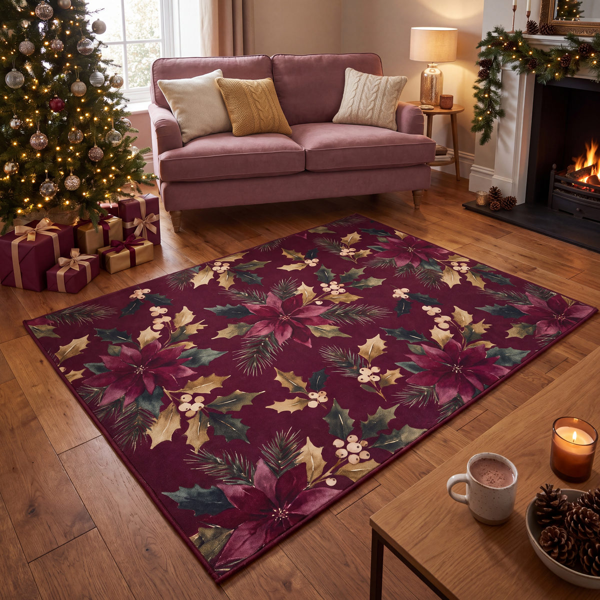 A dog resting on the rug in a living room.