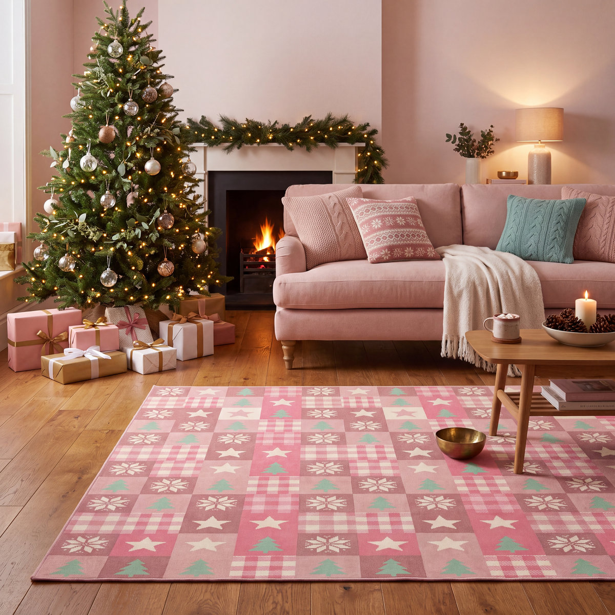 A dog resting on the rug in a living room.