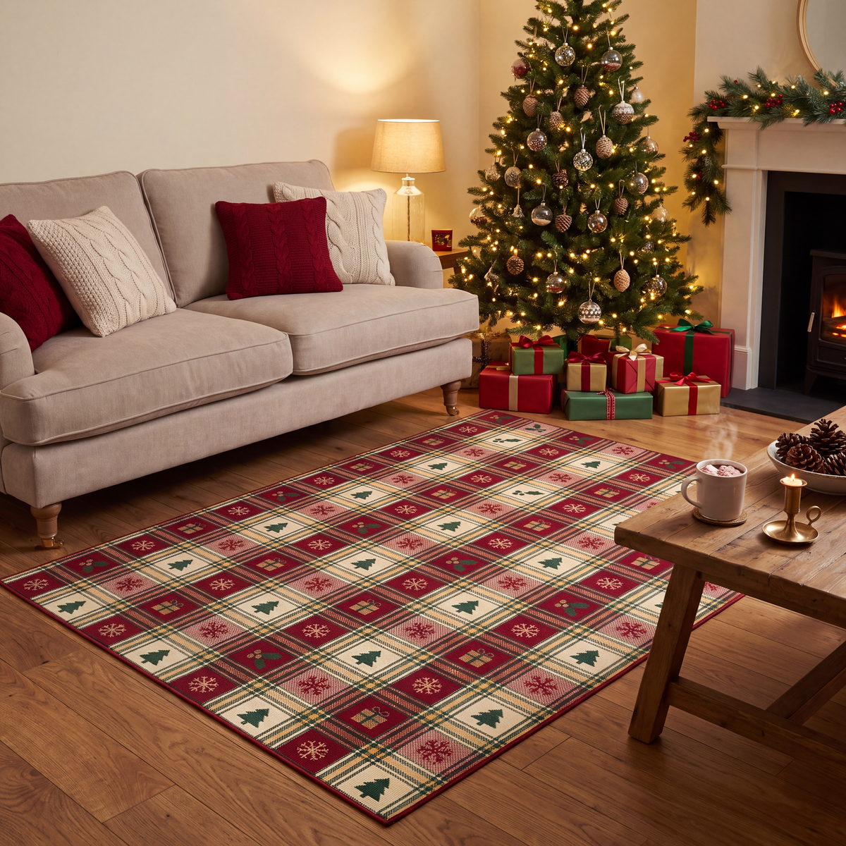A dog resting on the rug in a living room.