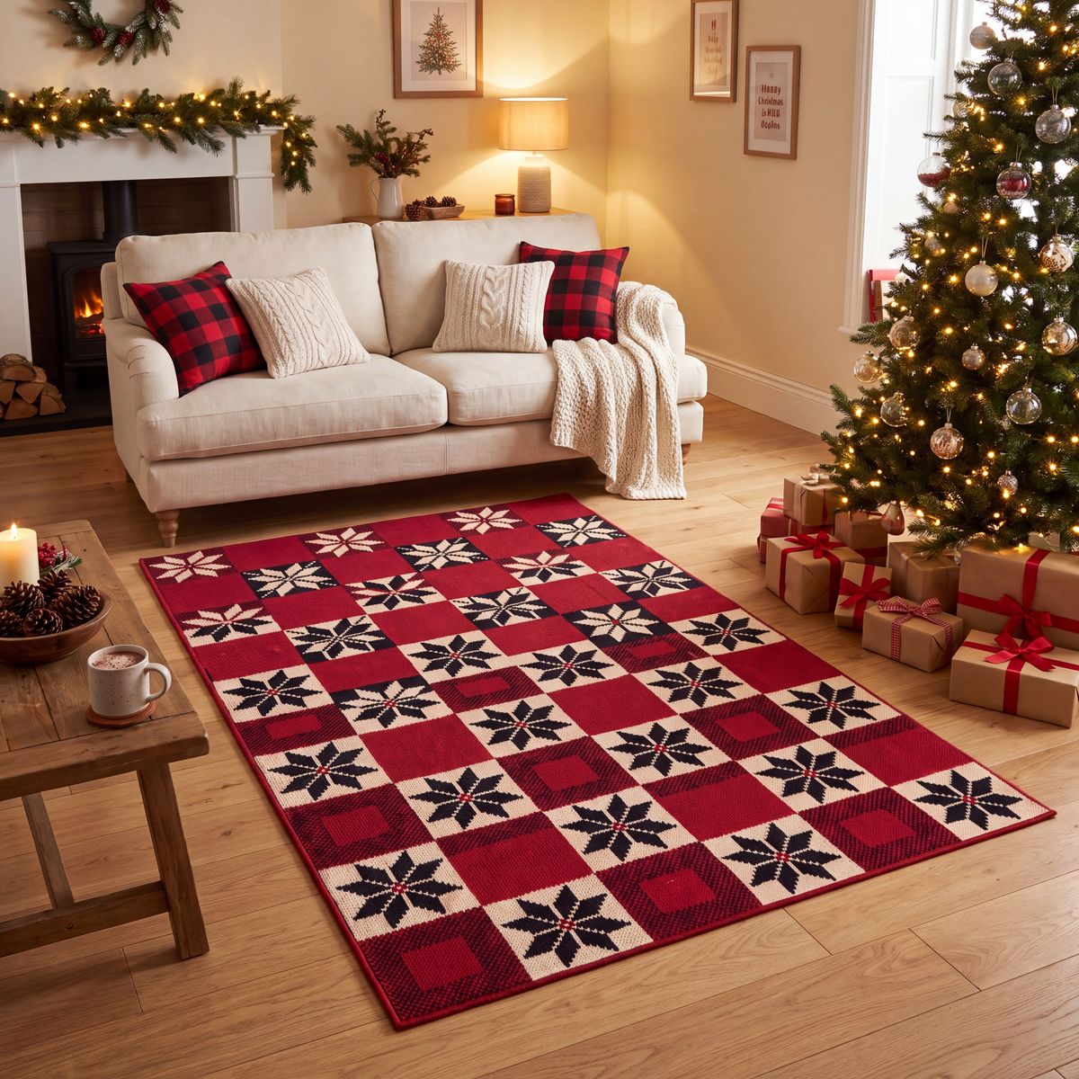 A dog resting on the rug in a living room.
