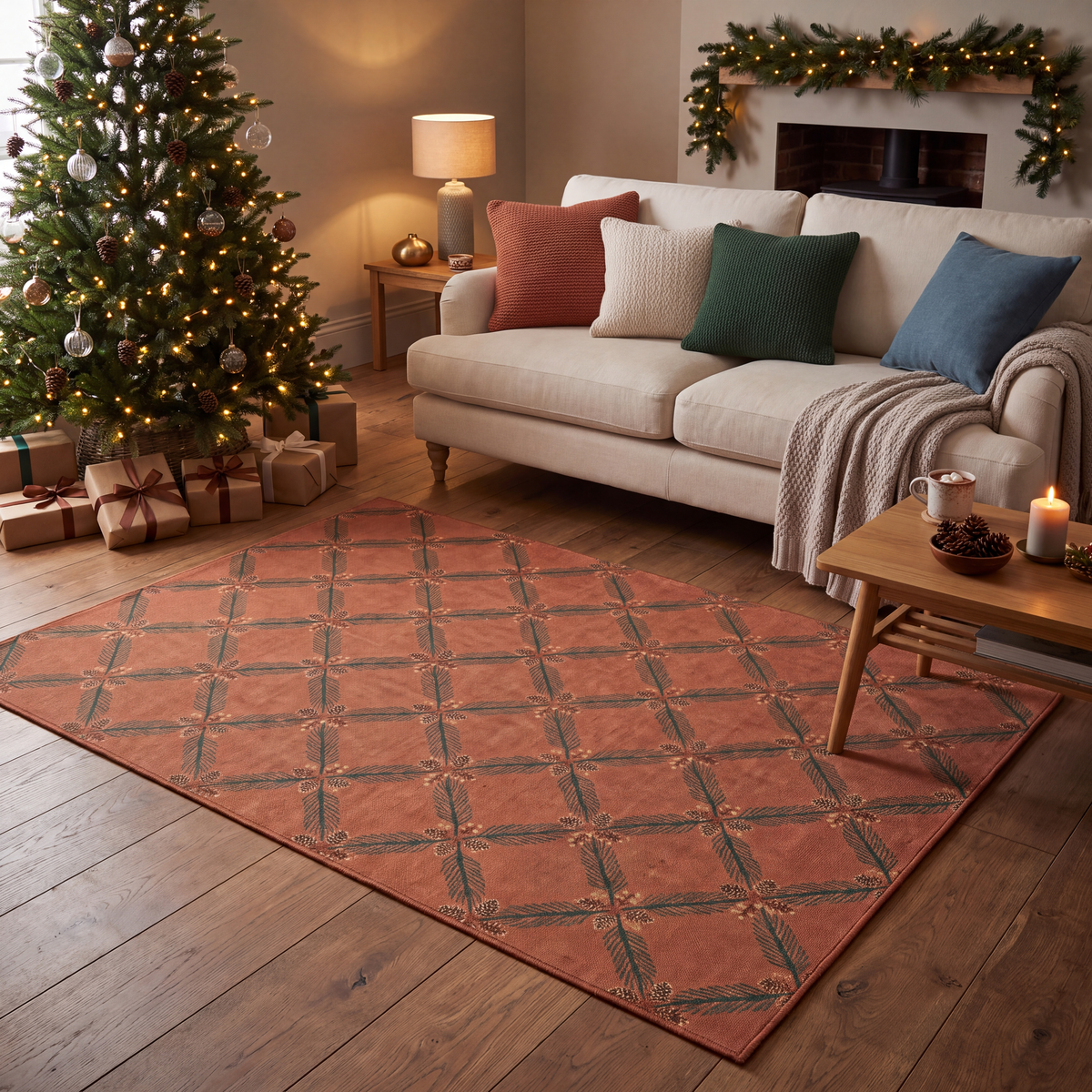 A dog resting on the rug in a living room.