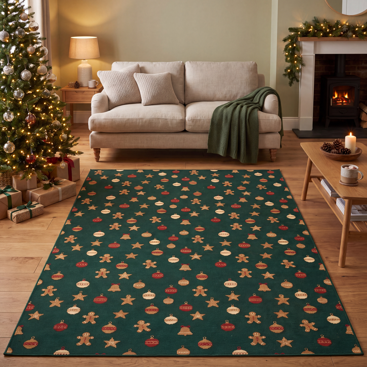 A dog resting on the rug in a living room.