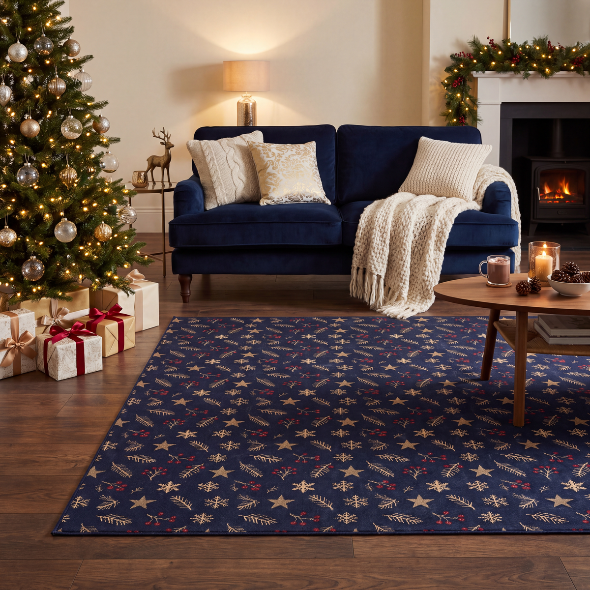 A dog resting on the rug in a living room.