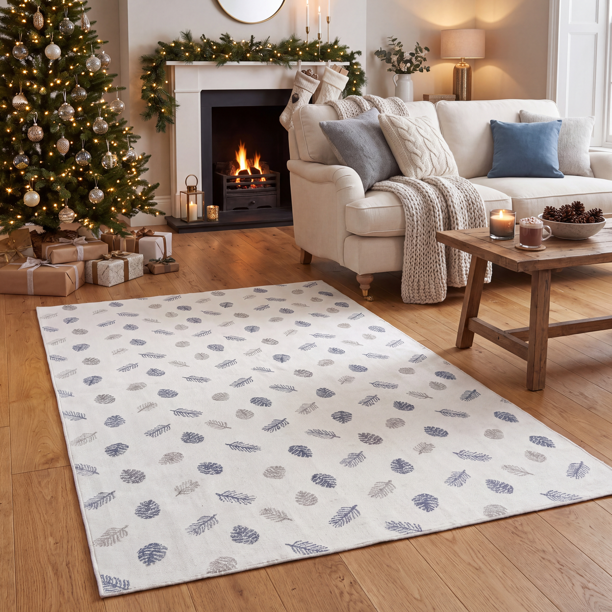 A dog resting on the rug in a living room.