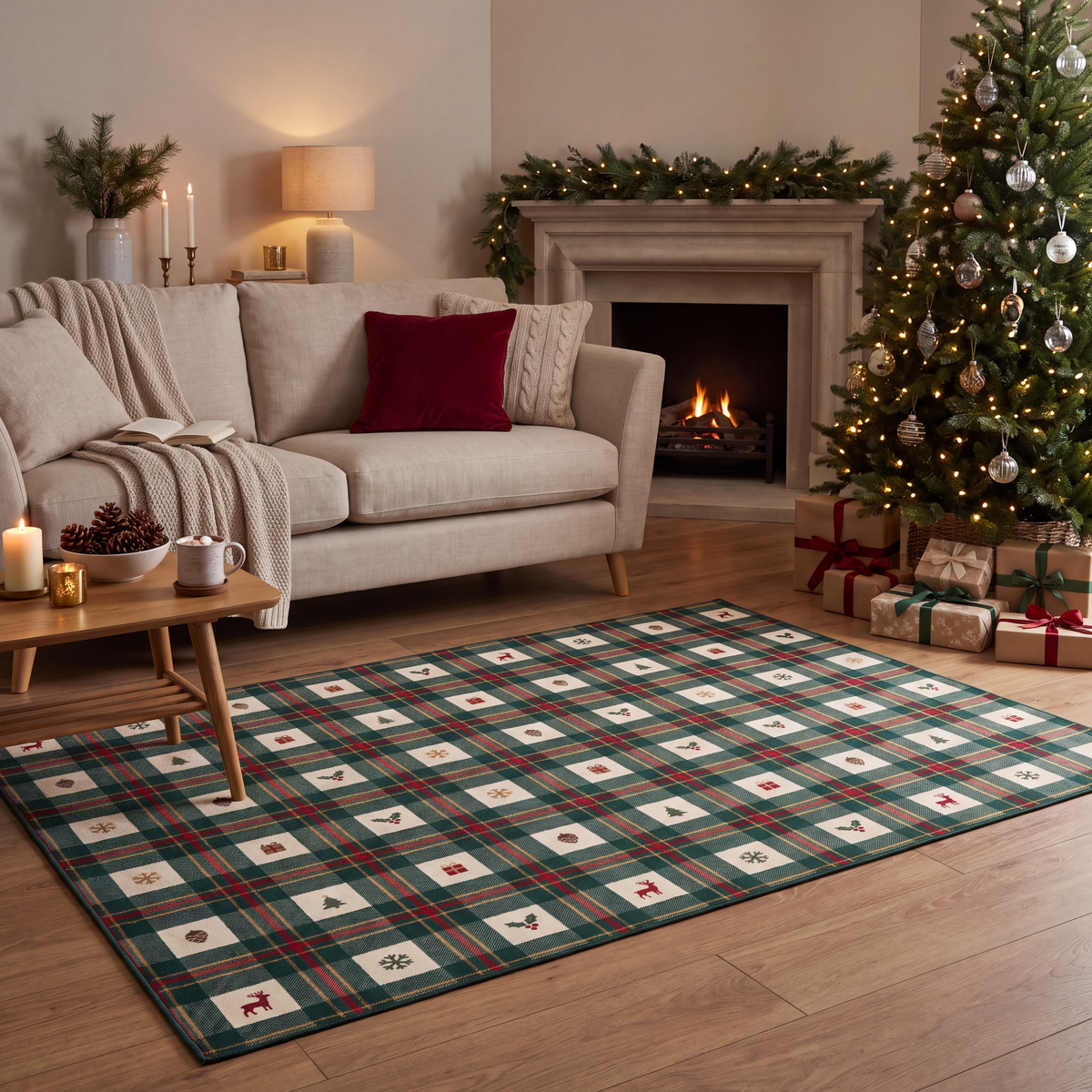 A dog resting on the rug in a living room.