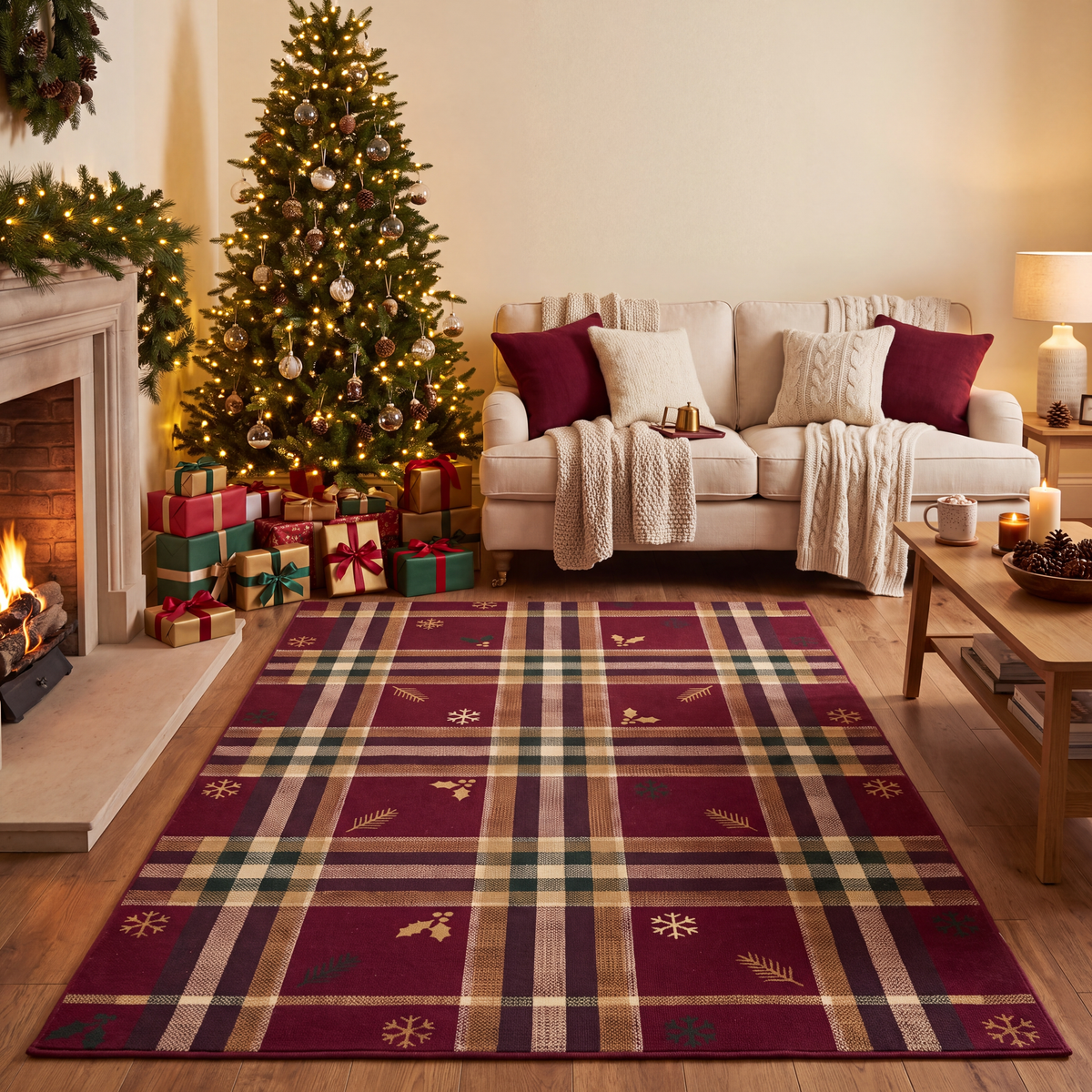 A dog resting on the rug in a living room.
