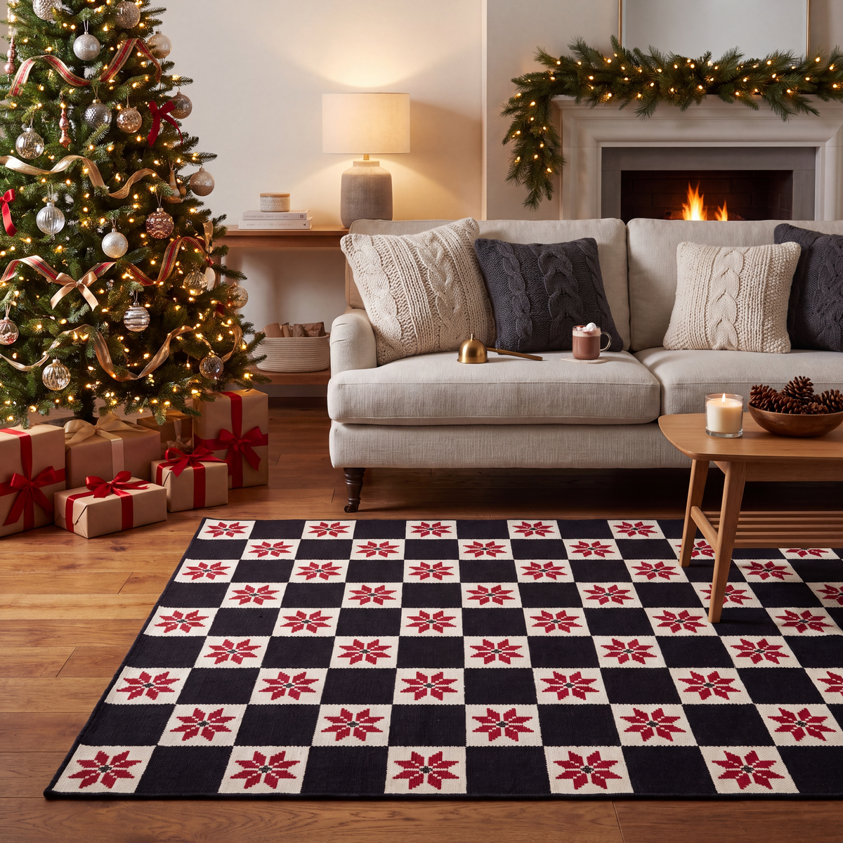 A dog resting on the rug in a living room.