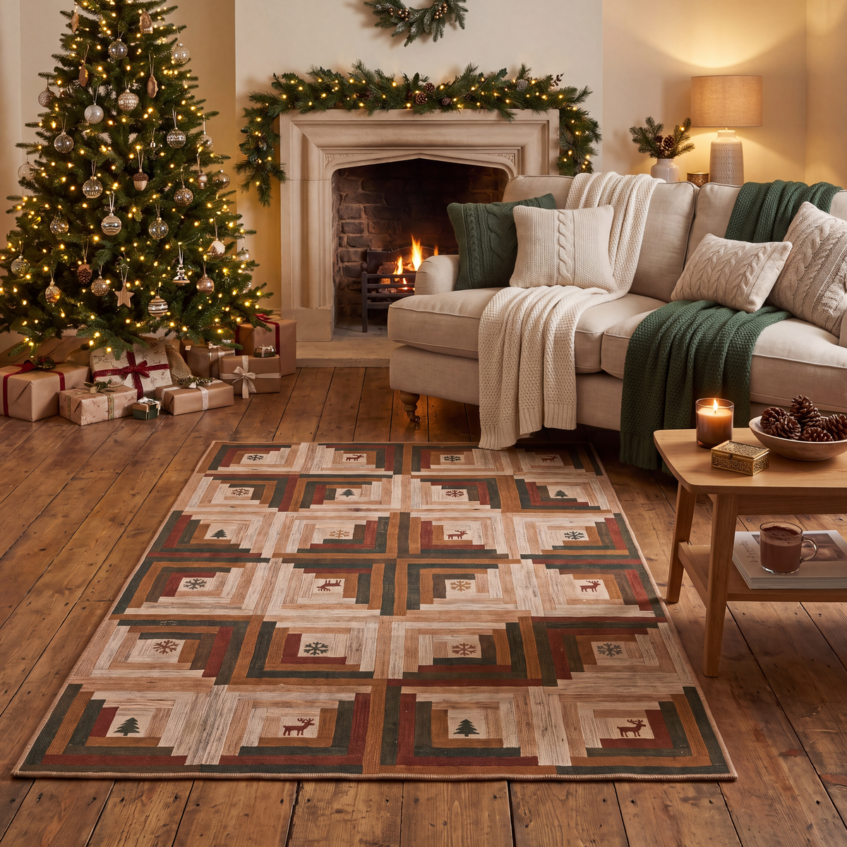 A dog resting on the rug in a living room.
