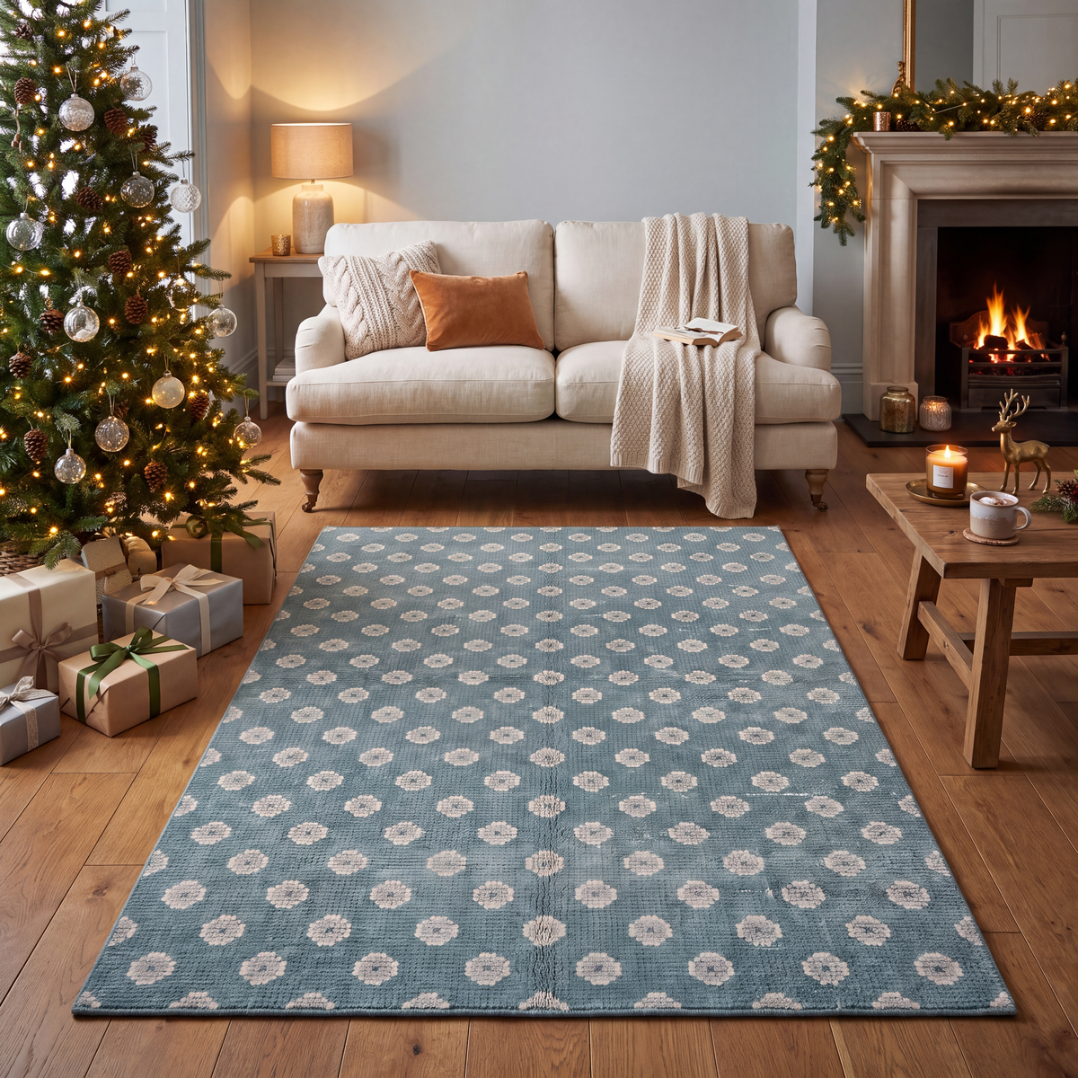 A dog resting on the rug in a living room.