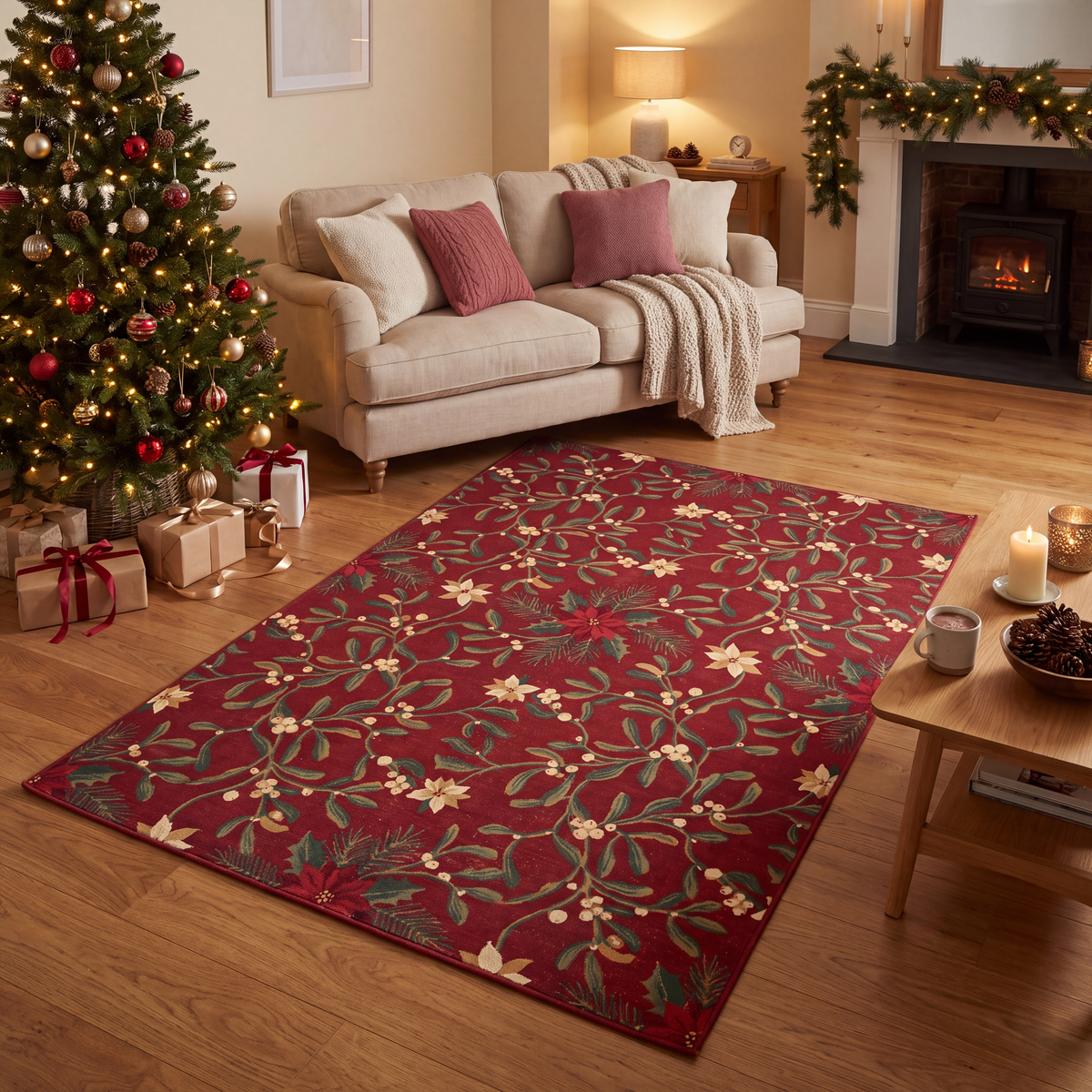 A dog resting on the rug in a living room.
