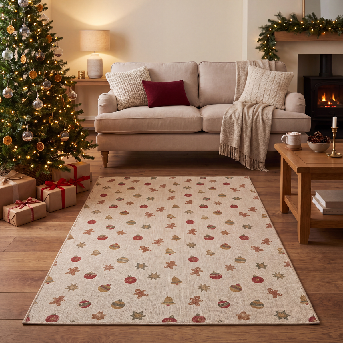A dog resting on the rug in a living room.
