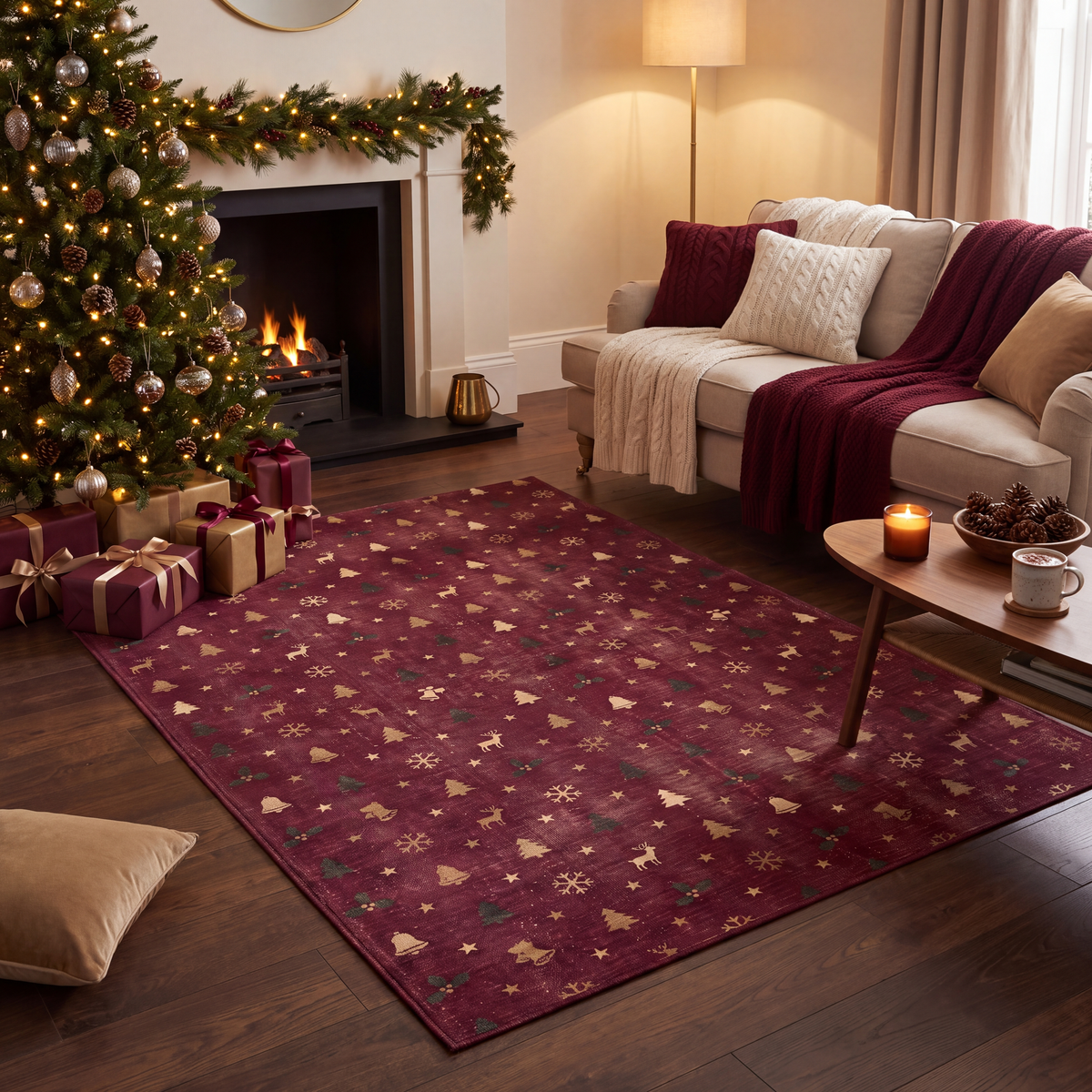 A dog resting on the rug in a living room.