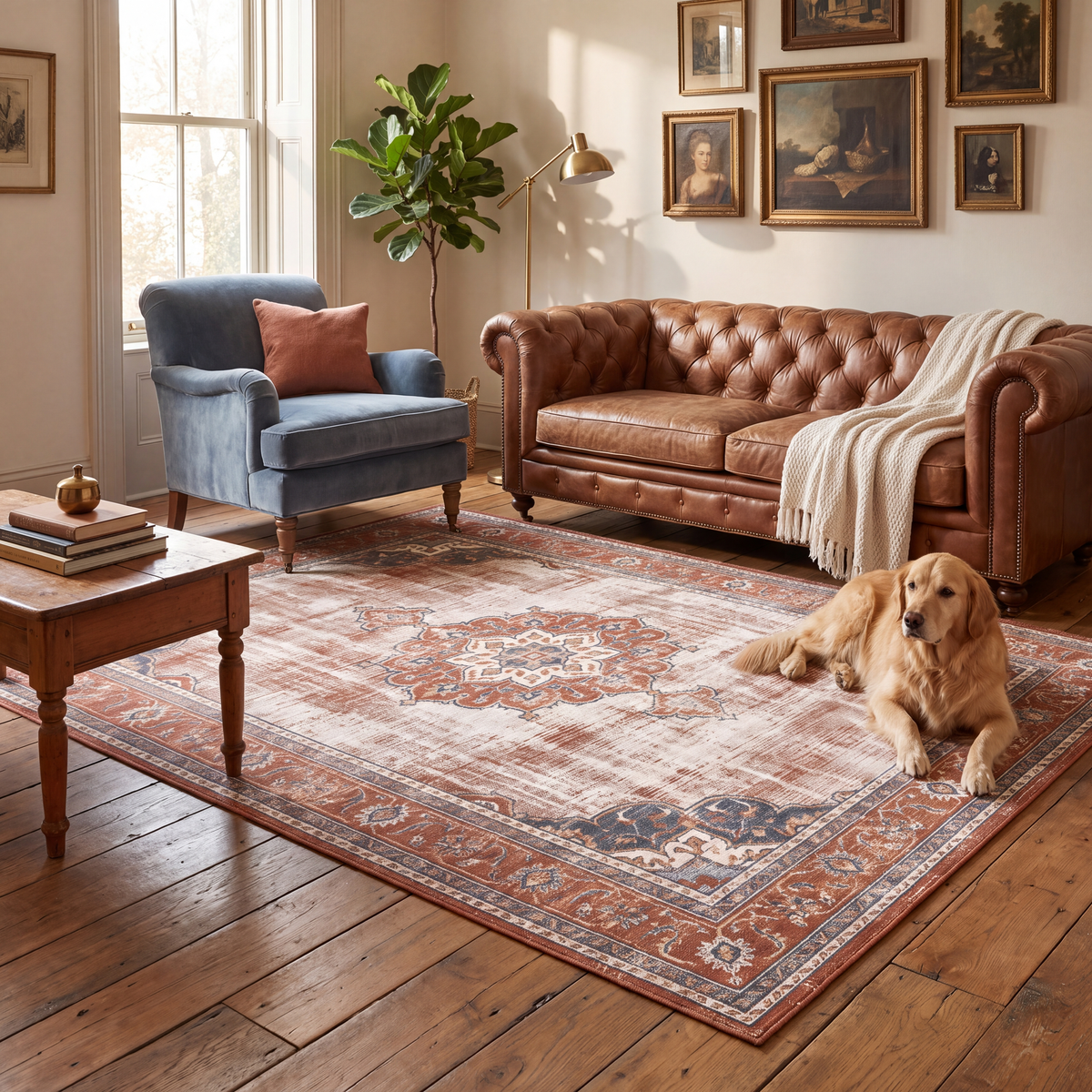 A dog resting on the rug in a living room.