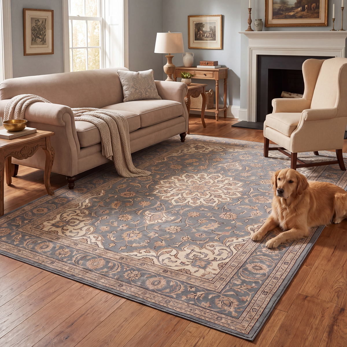 A dog resting on the rug in a living room.