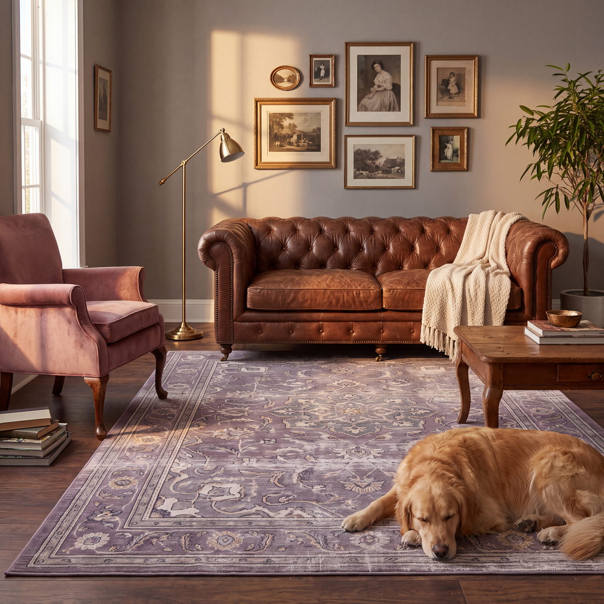 A dog resting on the rug in a living room.