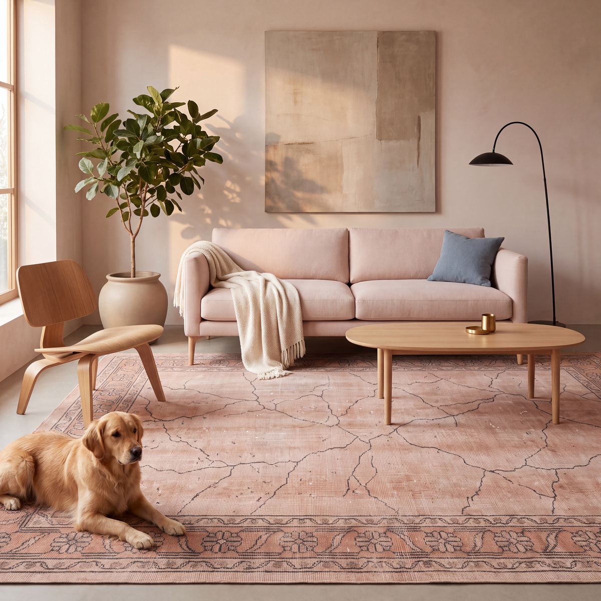 A dog resting on the rug in a living room.