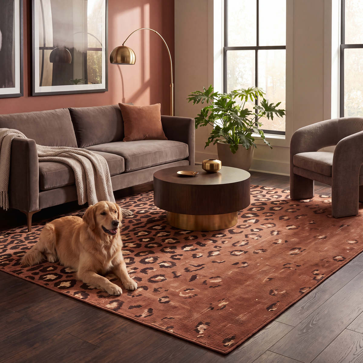 A dog resting on the rug in a living room.