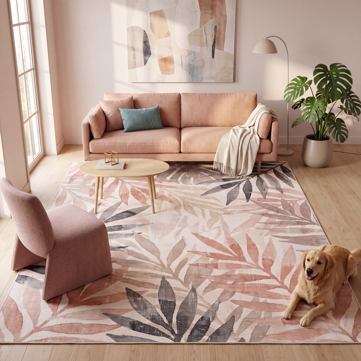 A dog resting on the rug in a living room.