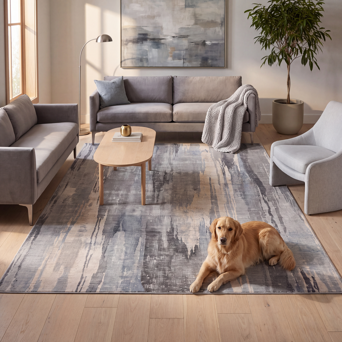 A dog resting on the rug in a living room.
