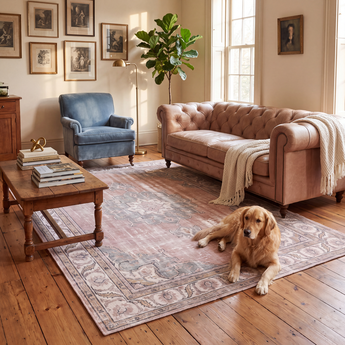 A dog resting on the rug in a living room.