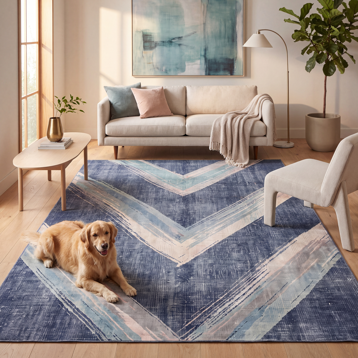 A dog resting on the rug in a living room.
