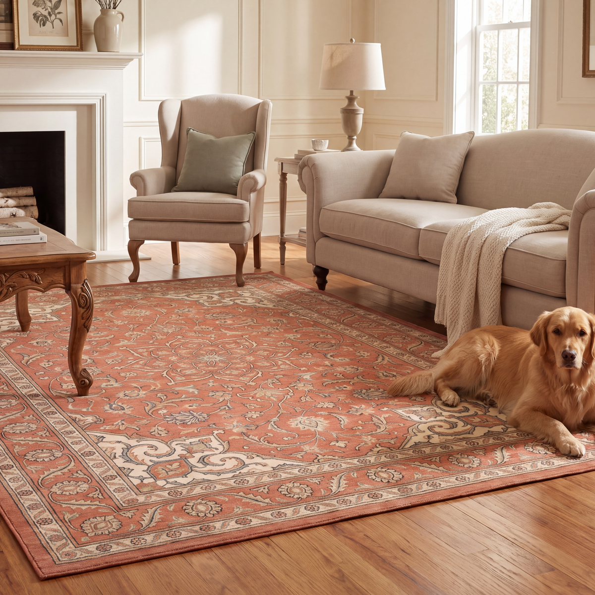 A dog resting on the rug in a living room.