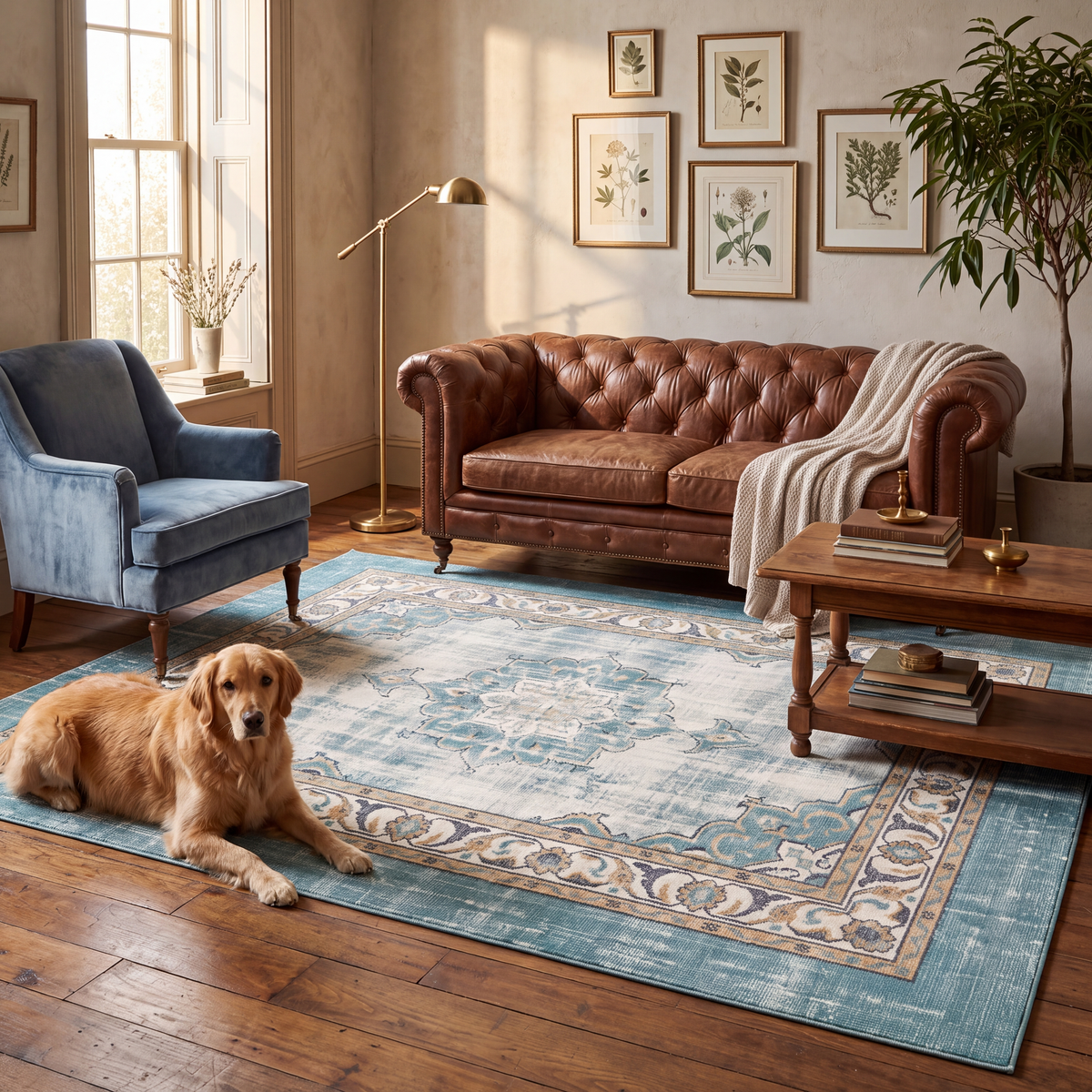 A dog resting on the rug in a living room.