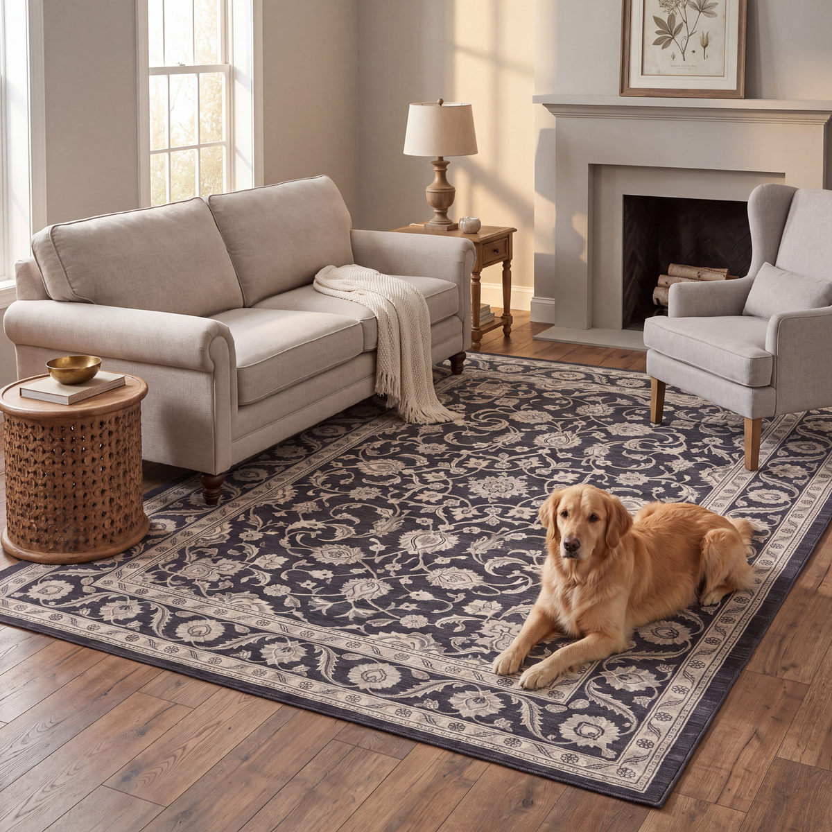 A dog resting on the rug in a living room.