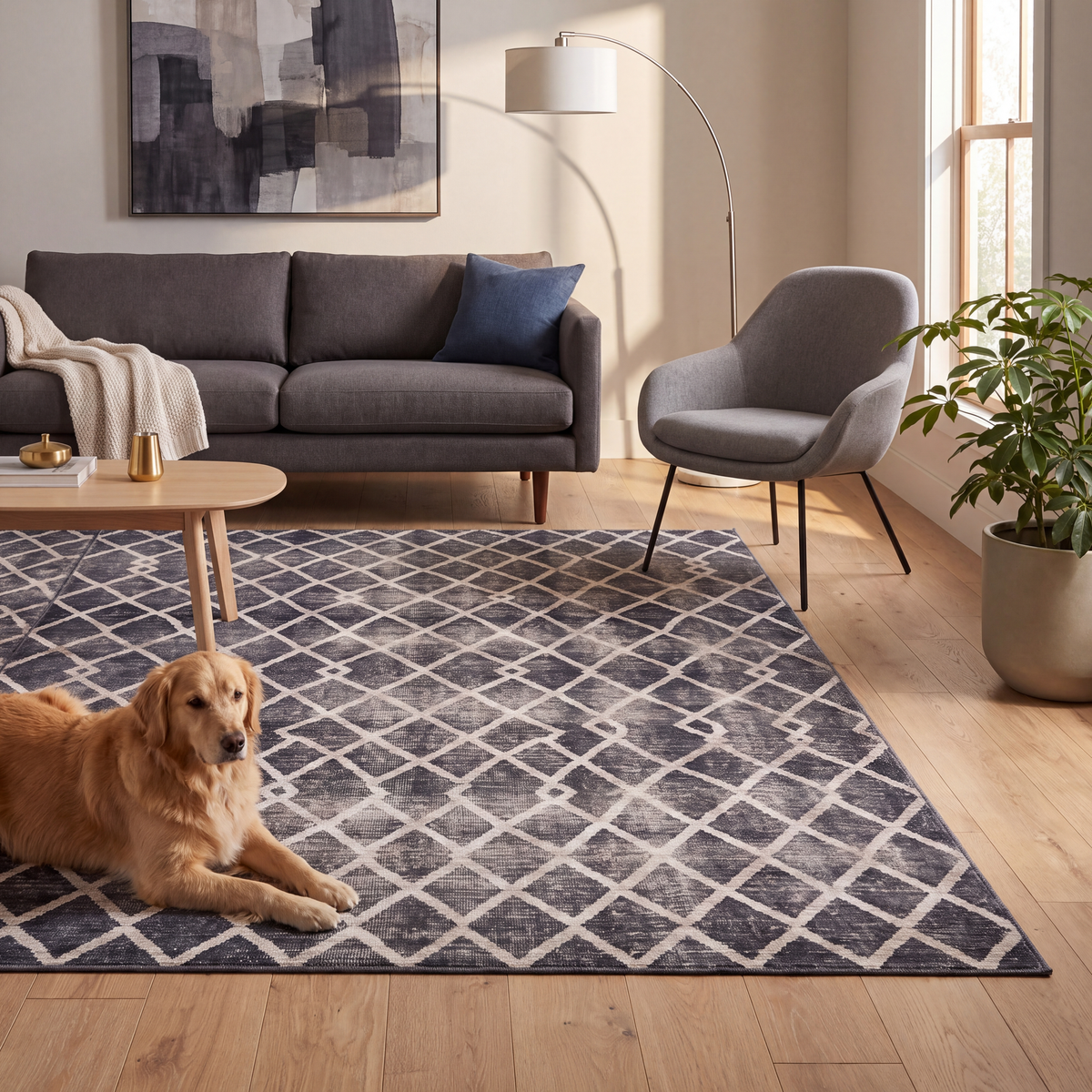 A dog resting on the rug in a living room.
